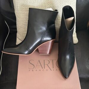 Franco Sarto Black Leather Ankle Boots with Wooden Heel